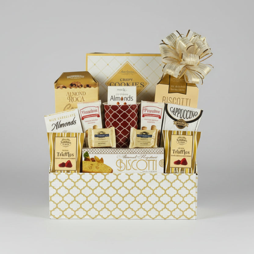 Gourmet gift basket with cookies, almonds, and other treats in a decorative box.