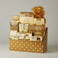 Gift basket on a table in a cozy living room with books and decor.