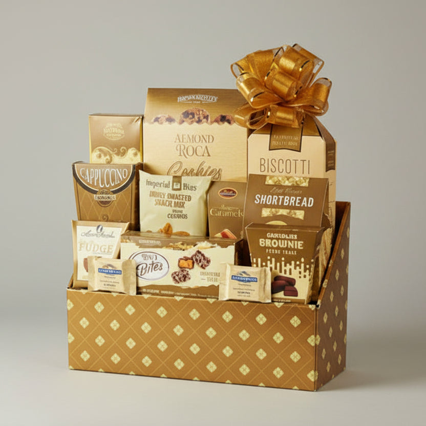Gift basket on a table in a cozy living room with books and decor.
