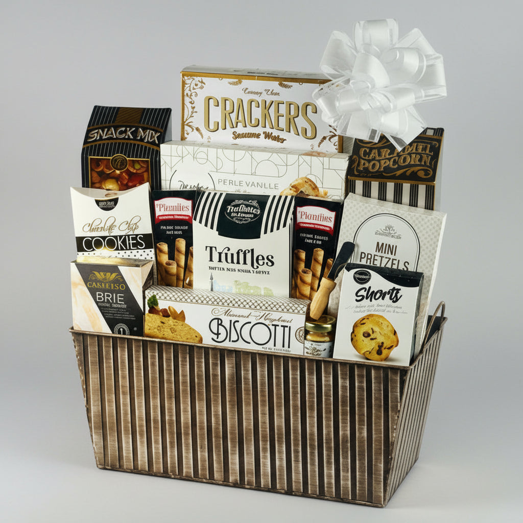 Gourmet gift basket with various snacks and treats in a decorative box.