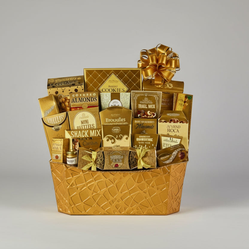 Gourmet gift basket with various snacks and treats on a white background