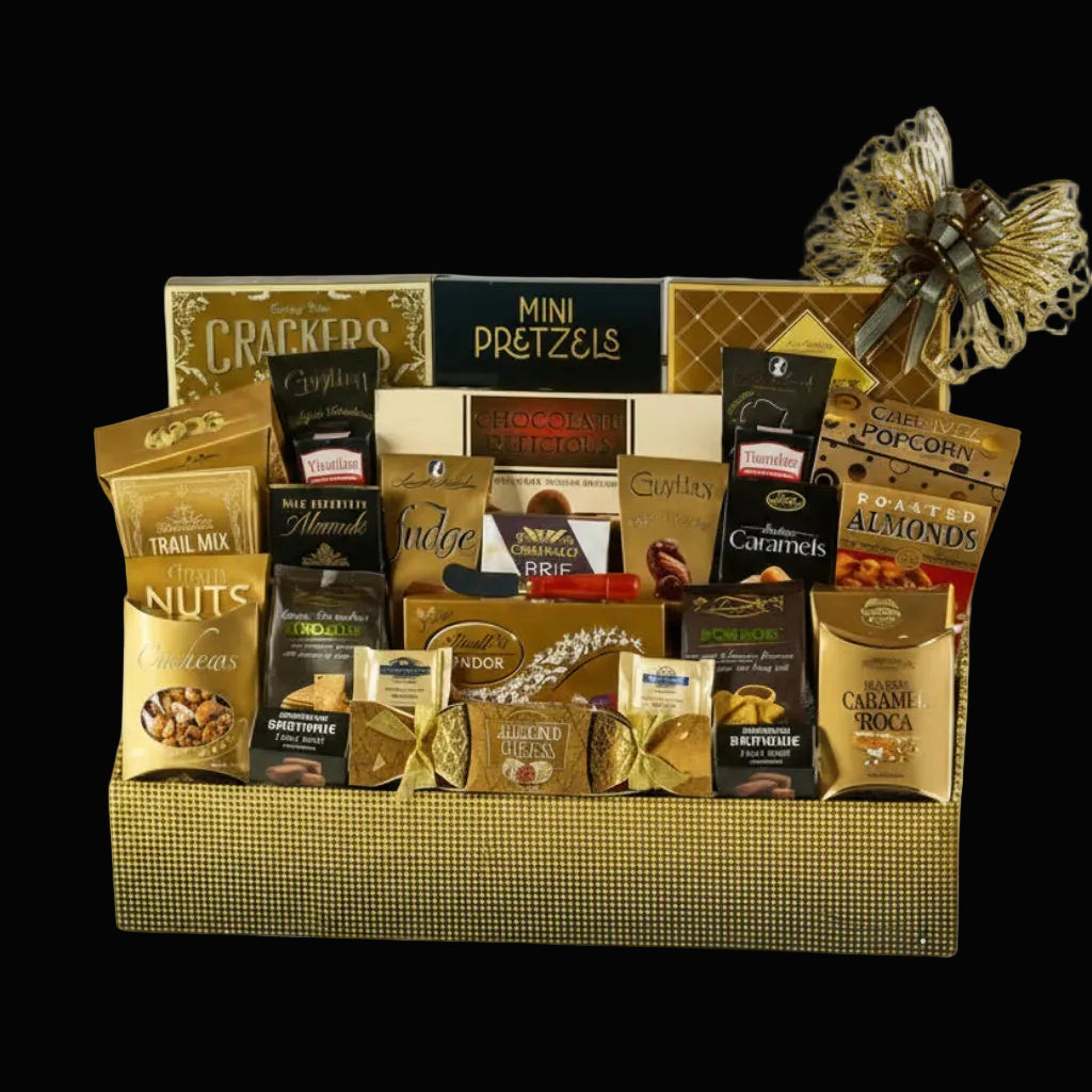 Gourmet gift basket with various snacks and treats on a white background
