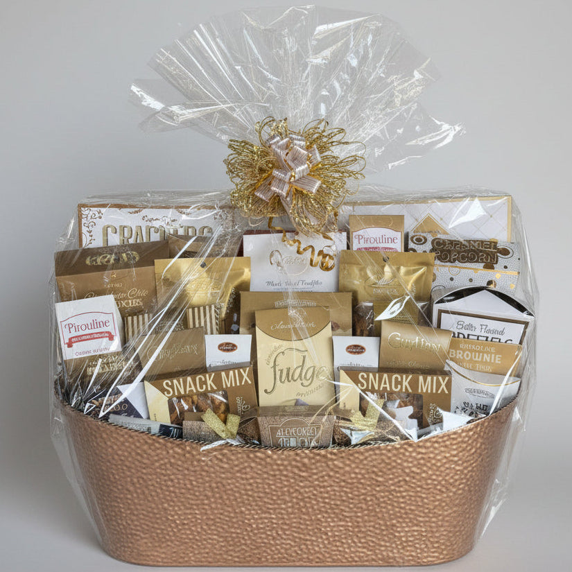 A gourmet snack and chocolate gift basket in a woven brown basket, wrapped in clear cellophane with a gold decorative bow, displayed on a wooden bench against a gray stone wall.